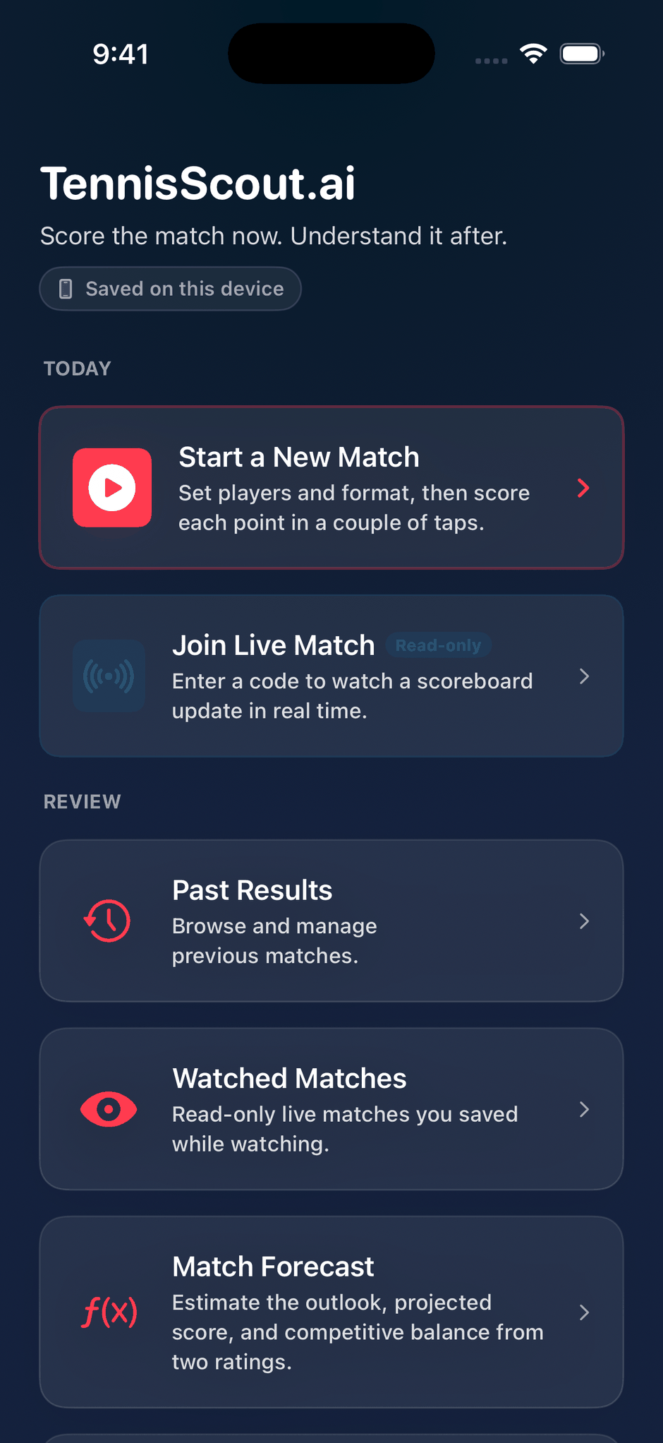 TennisScout.ai home screen with new match, live match, results, and prediction options