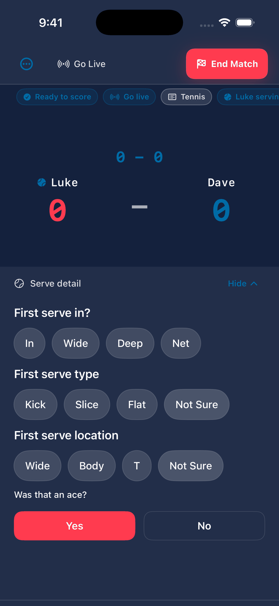 TennisScout.ai scoring screen showing the live score and serve detail controls